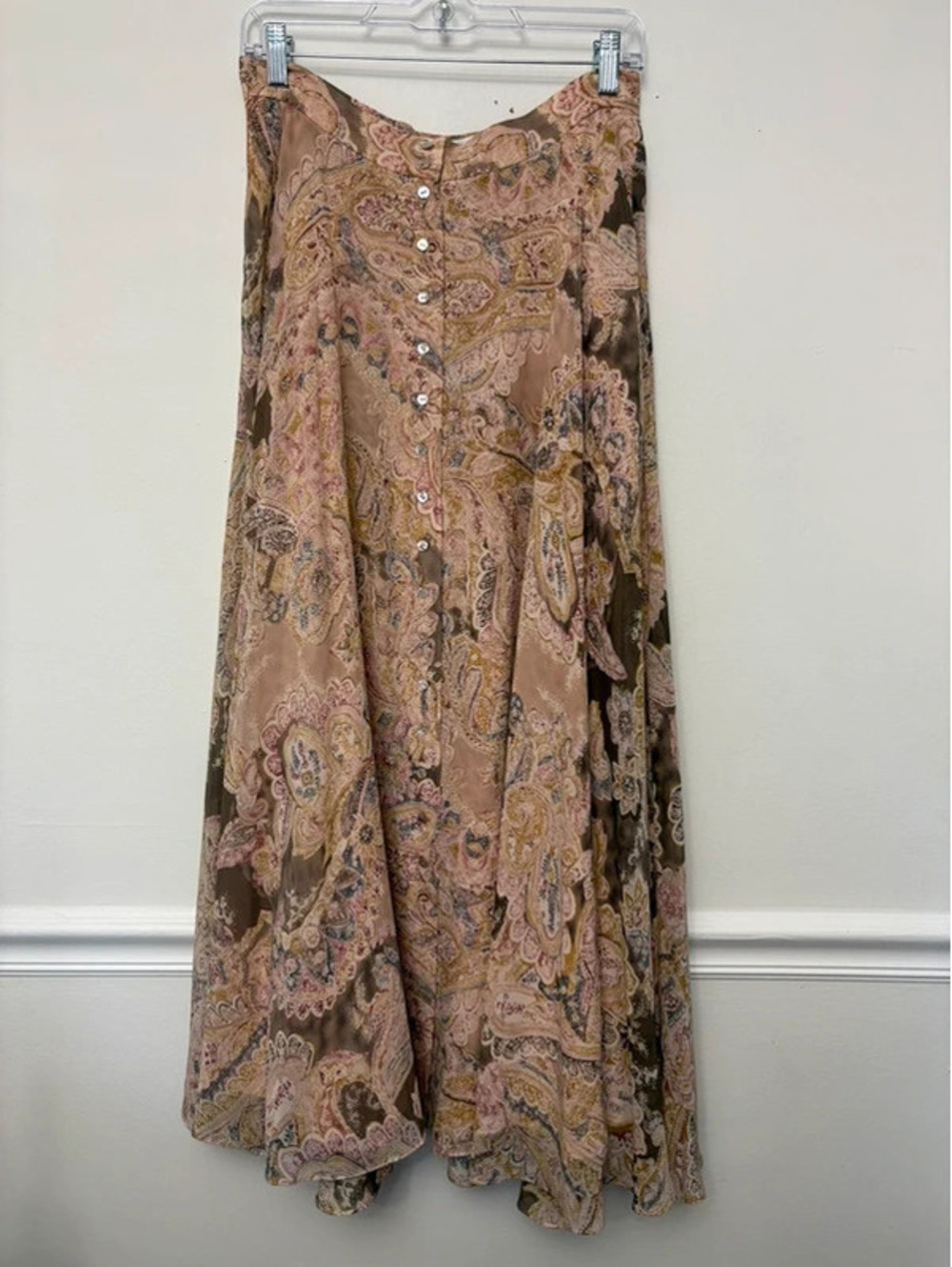 Vintage Y2K Dana Buchman 100% Silk Paisley Button Front Maxi Skirt Size 12 Boho